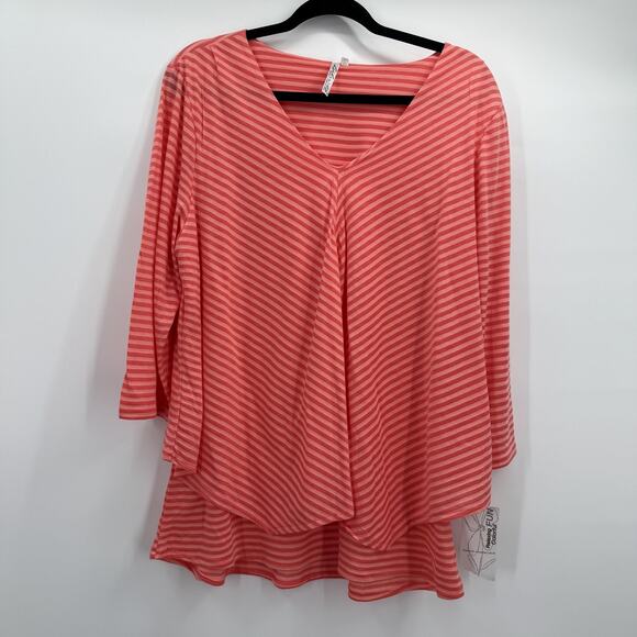Lulu B Shirt Womens Medium Coral Pink Striped V-Neck 3/4 Sleeve Tunic Tencel UPF - Picture 1 of 11